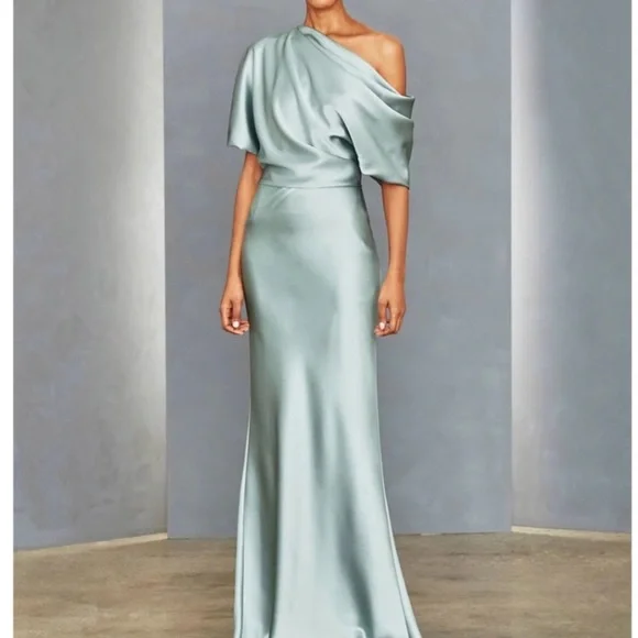 amsale pryce off the shoulder dress BHLDN x Amsale Pryce 2 & 4 Green Draped Silky Satin Off Shoulder Formal Gown